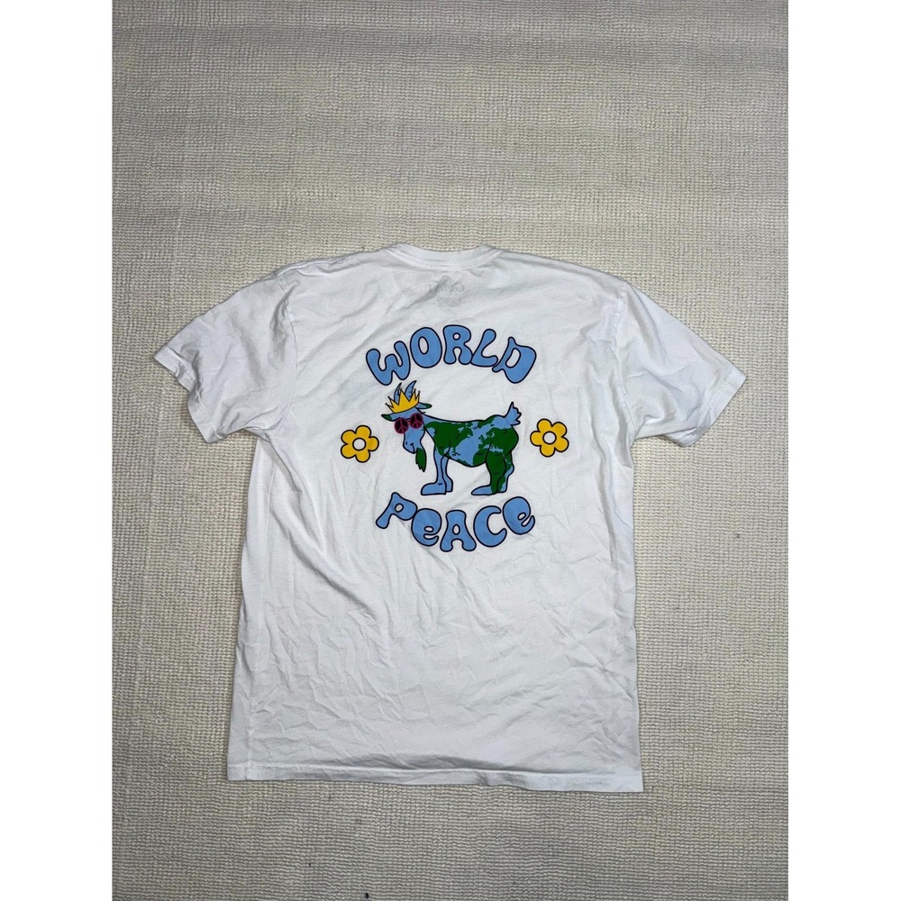 Goat USA World Peace T Shirt Mens Large White Graphic Print Cotton Crew‎ Neck